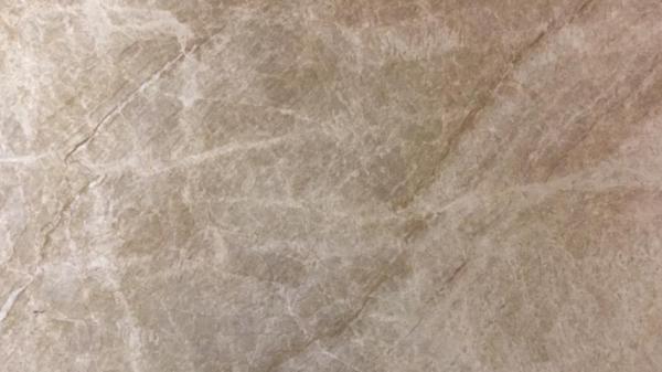 A close up view of a light-tan to cream-colored quartzite slab.